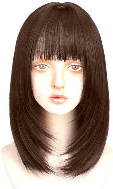 벨르슈브 C컬 자연스러운 중단발 짧은머리 통가발, 브라운블랙, 1개