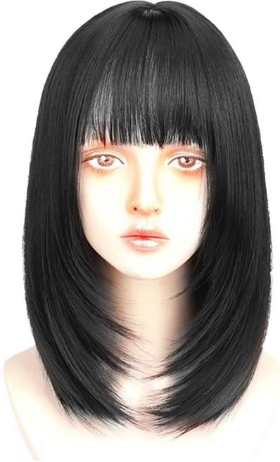 벨르슈브 C컬 자연스러운 중단발 짧은머리 통가발, 네츄럴블랙, 1개