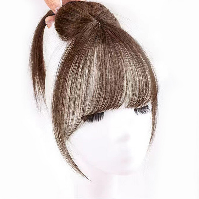 벨르슈브 자연스러운 3D 여신앞머리 프렌치뱅 스타일 인모 정수리 커버 가발, 라이트브라운, 1개