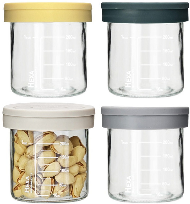 미르코리아 헥사 슬림 원통형 눈금 실리콘뚜껑 밀폐 유리병 4종 세트, 250ml, 1세트