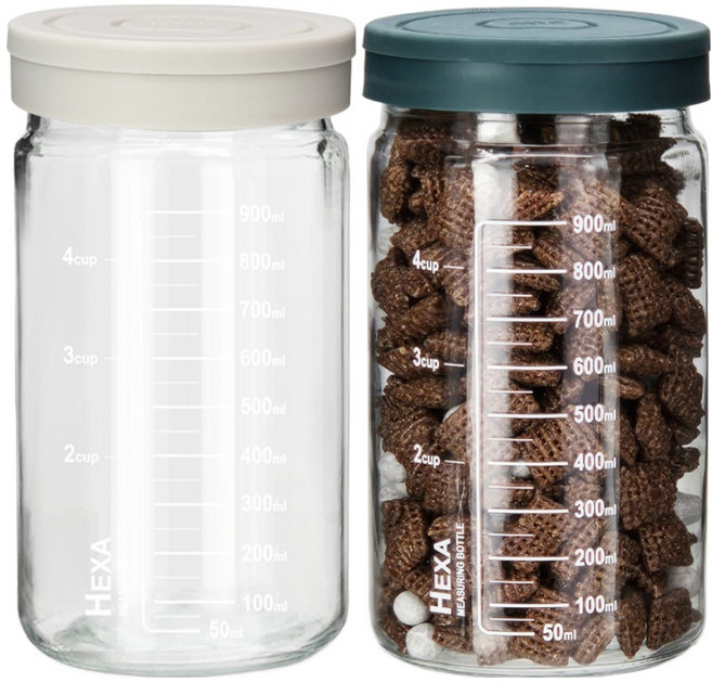 미르코리아 헥사 슬림 원통형 눈금 실리콘뚜껑 밀폐 유리병 2종 세트, 1000ml, 1세트