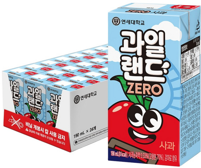 연세유업 연세우유 과일랜드 제로 사과, 24개, 190ml