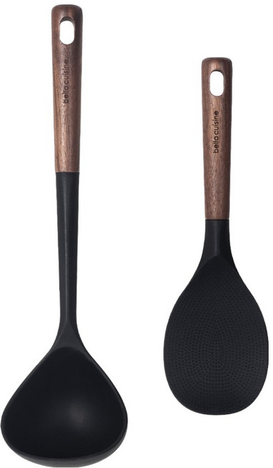 벨라쿠진 월넛우드 실리콘 조리도구 2종 세트, 블랙, 1세트, 국자 + 주걱
