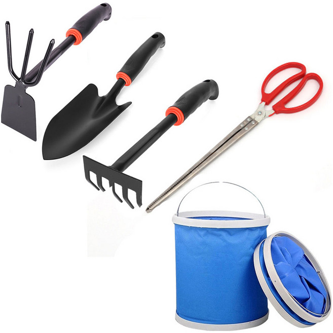 에코벨 해루질 양용호미 + 갈퀴 + 모종삽 + 일자집게 + 접이식 물통 세트, 혼합색상, 1세트
