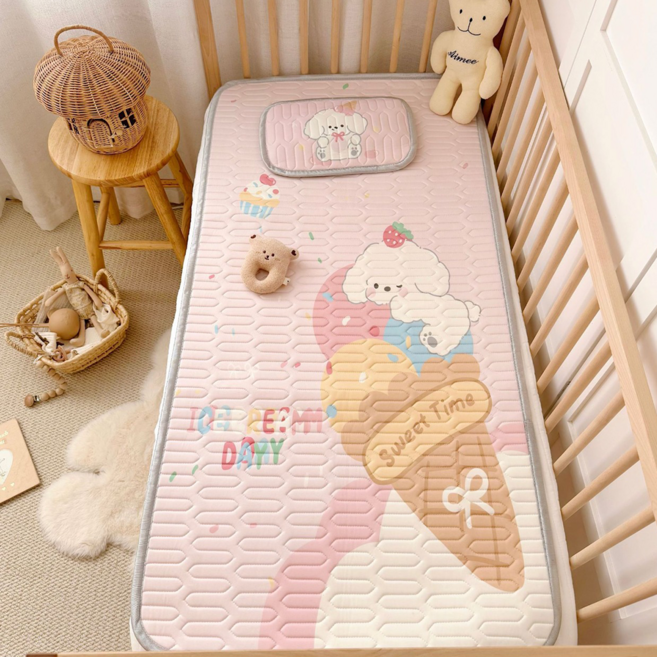 兒童冰絲乳膠涼墊 附同款乳膠枕套, 冰淇淋小狗 粉色, 1個