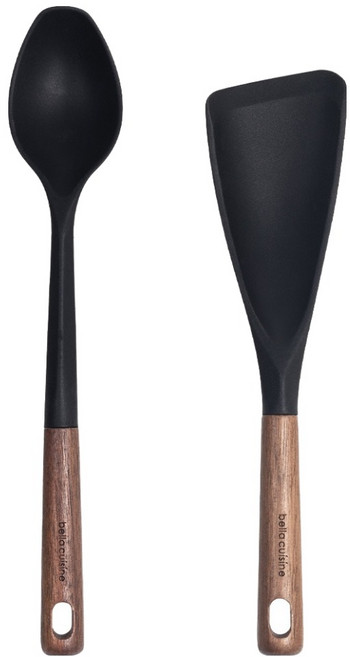 벨라쿠진 월넛우드 실리콘 조리도구 2종 세트, 블랙, 1세트, 요리 스푼 + 볶음 스푼