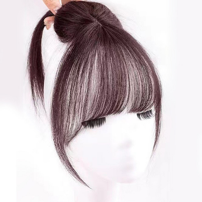 벨르슈브 자연스러운 3D 여신앞머리 프렌치뱅 스타일 인모 정수리 커버 가발, 다크브라운, 1개