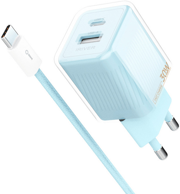 아이리버 30W 2포트 초고속 트윙클 가정용 충전기 IHA-GAN30WD, 스카이블루, 1개