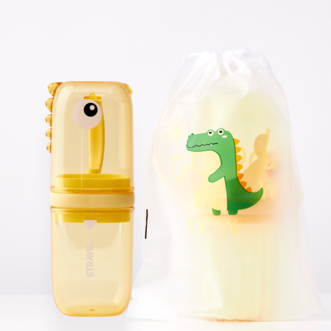 아우라팸 KC인증 어린이 공룡 양치컵 칫솔케이스 칫솔컵, 노랑, 1개