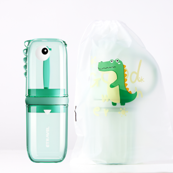 아우라팸 KC인증 어린이 공룡 양치컵 칫솔케이스 칫솔컵, 그린, 1개