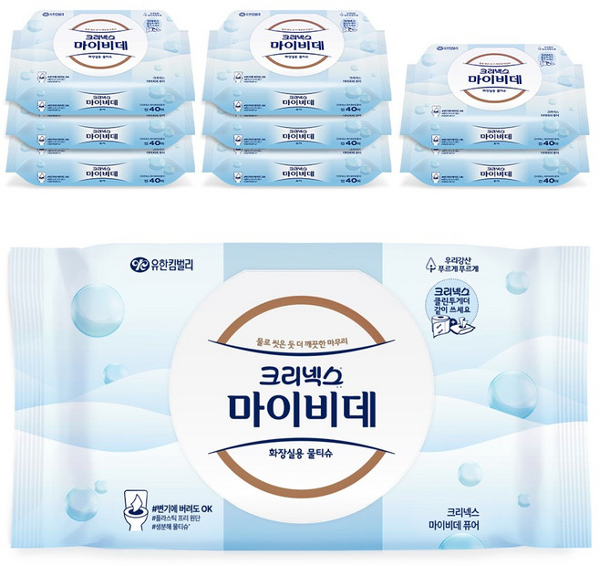 마이비데 크리넥스 퓨어 화장실용 물티슈 휴대캡형, 40매, 9개