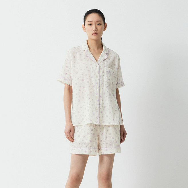 JAJU 女款棉質人造絲花朵三分睡衣上下套裝