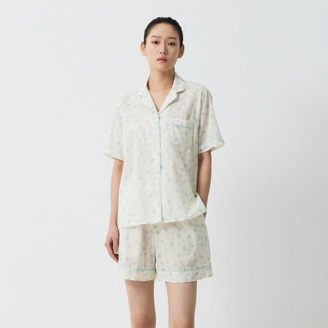 JAJU 女款棉質人造絲花朵三分睡衣上下套裝