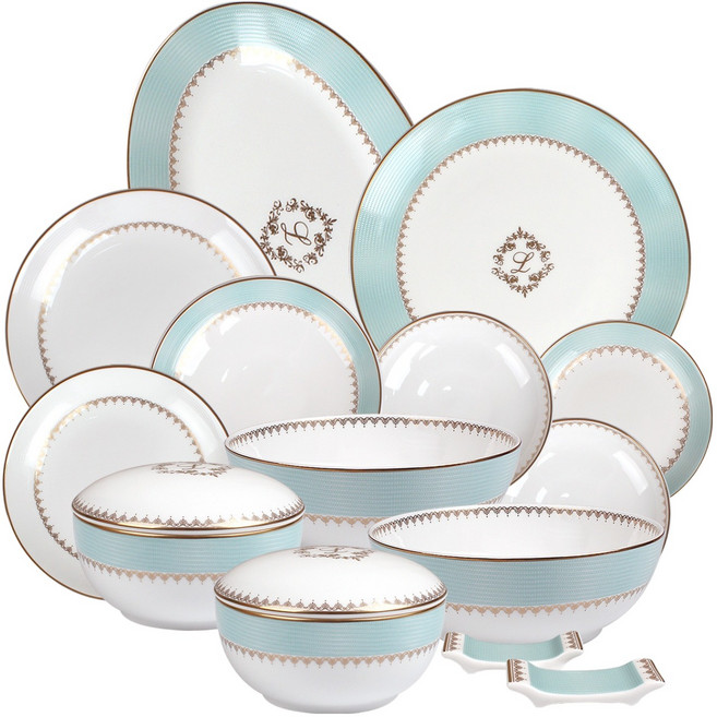 한국도자기 본차이나 럭셔리 반상기 세트 16p, 민트 + 화이트, 1세트, 16종