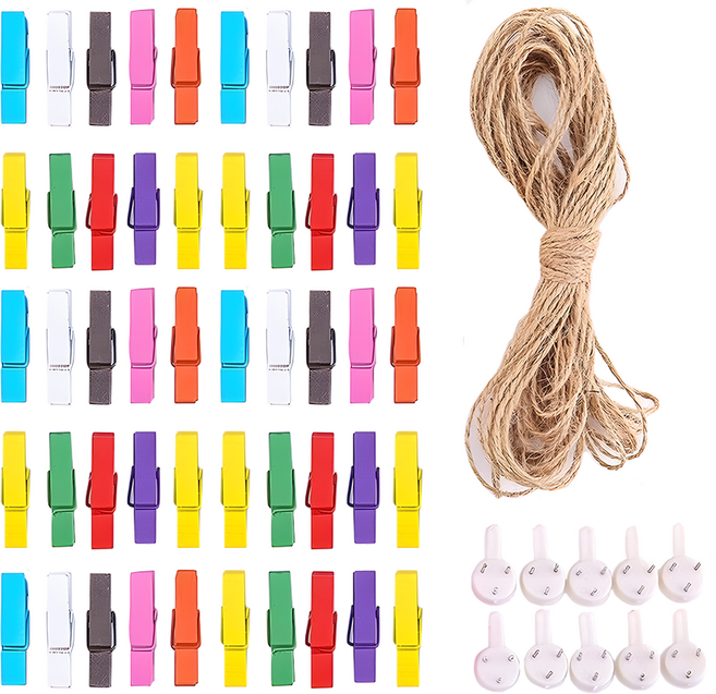 DIGIXO 사진 벽 걸이 꾸미기 사진집게 50p + 끈 10m + 고정핀 10p 세트, 혼합색상, 1세트