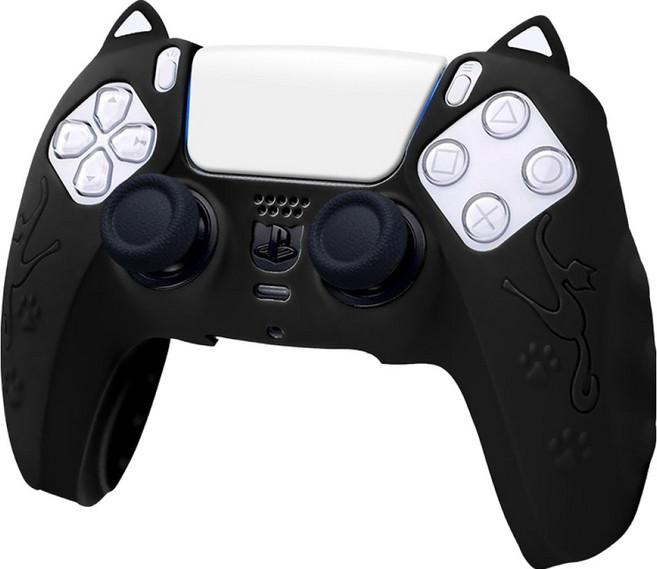 호후 PS5 프로 슬림 컨트롤러 듀얼센스 실리콘 그립 냥냥이 케이스, 블랙, 1개