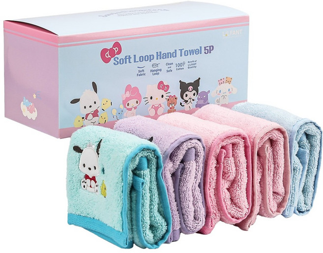 릴팡 산리오캐릭터즈 소프트 고리 핸드타월 5종 세트, 헬로키티, 쿠로미, 포차코, 시나모롤, 마이멜로디, 1세트
