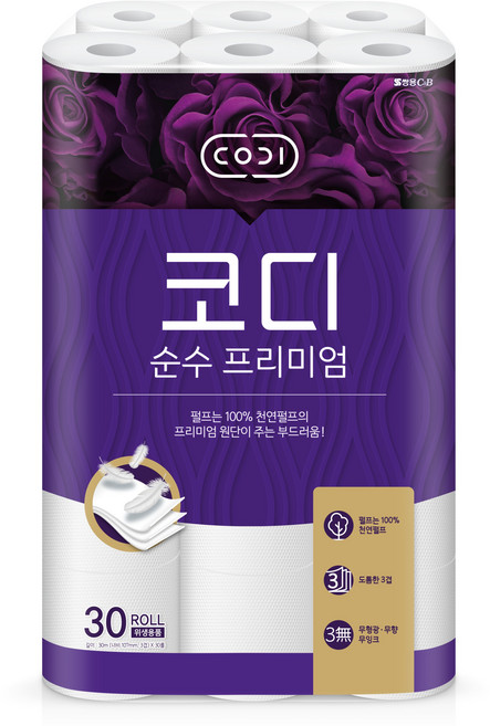 코디 3겹 천연펄프 순수 프리미엄 화장지, 30m, 30롤, 1개