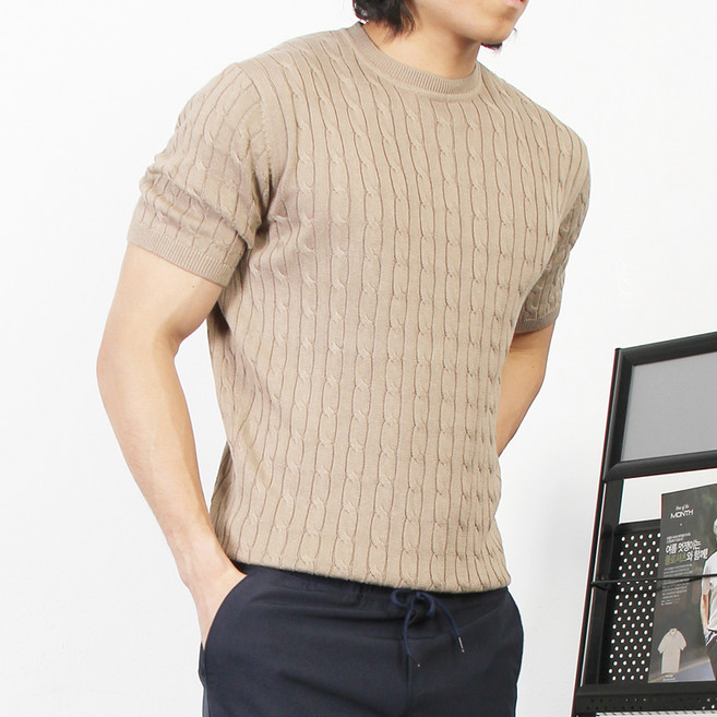 마인플로우 남성용 케이블 라운드 반팔 니트 WS510