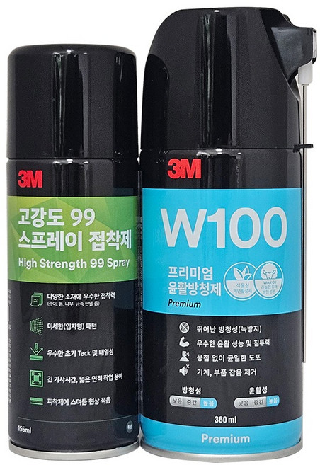 쓰리엠 프리미엄 윤활 방청제 360ml W100 + 99 스프레이 접착제 무색 155ml 세트, 1개