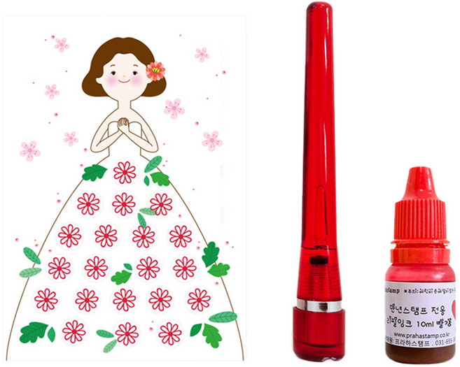 프라하스탬프 꽃이펴요 꽃치마 칭찬쿠폰 100p + 꽃도장 마가렛 +잉크 세트, 빨강, 1세트
