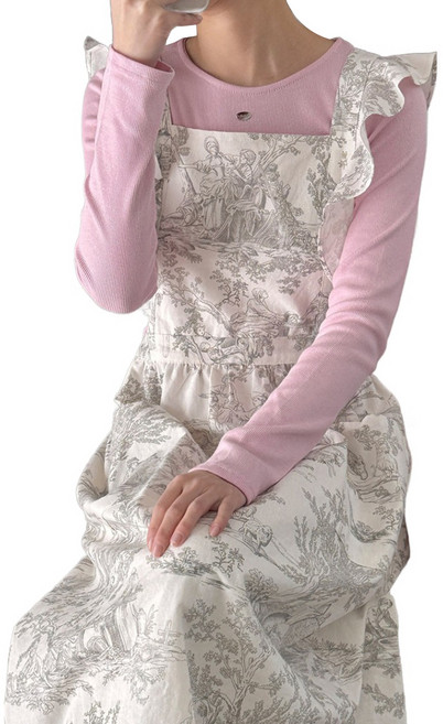 뜨왈린넨 러플 앞치마, 카키그레이, 1개