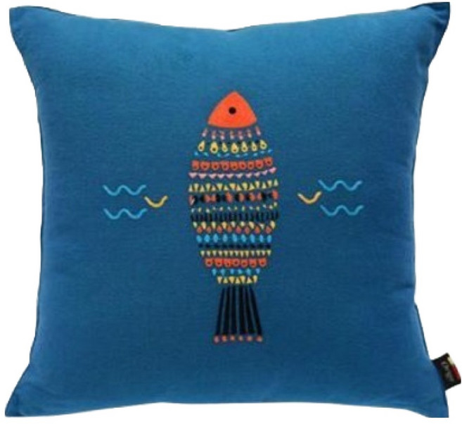 오리고 자수 쿠션 커버, 딥다이브블루물고기