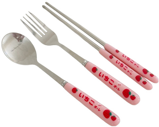 코토니 이치고 오레 도시락 커트러리 세트, 딸기우유, 스푼 + 젓가락 + 포크 + 케이스, 1세트