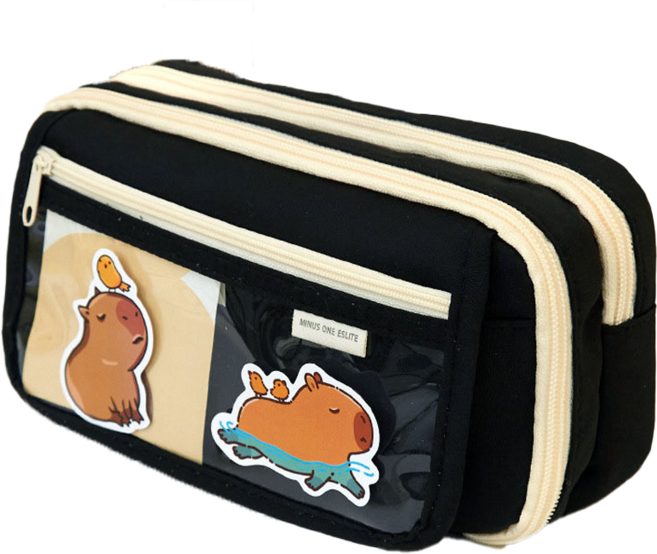 Mini嚴選 超人氣卡比巴拉9層大容量筆袋 附吊飾 + 配件 CN0380-B, 黑色, 1個