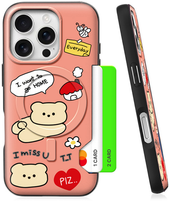 디자인플러스 집갈래 곰돌이 카드 2장 맥세이프 슬림 범퍼 휴대폰 케이스