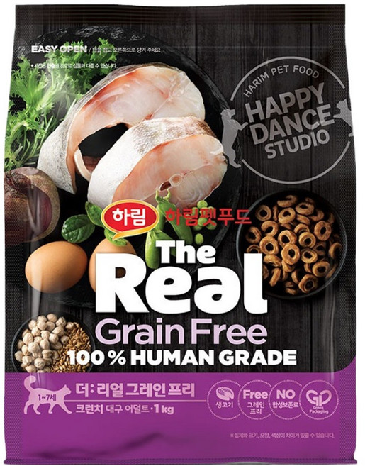 하림펫푸드 어덜트 더리얼 캣 그레인프리 크런치 건식사료, 대구, 1kg, 1개