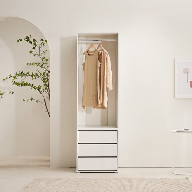 장인가구 채움 드레스룸 시스템 옷장 서랍 행거형 600 방문설치, 크림 화이트