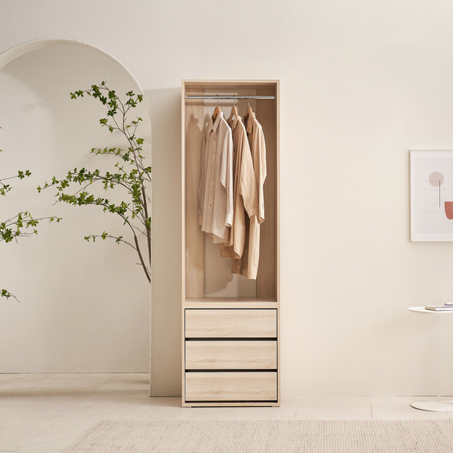 장인가구 채움 드레스룸 시스템 옷장 서랍 행거형 600 방문설치, 크림 내추럴