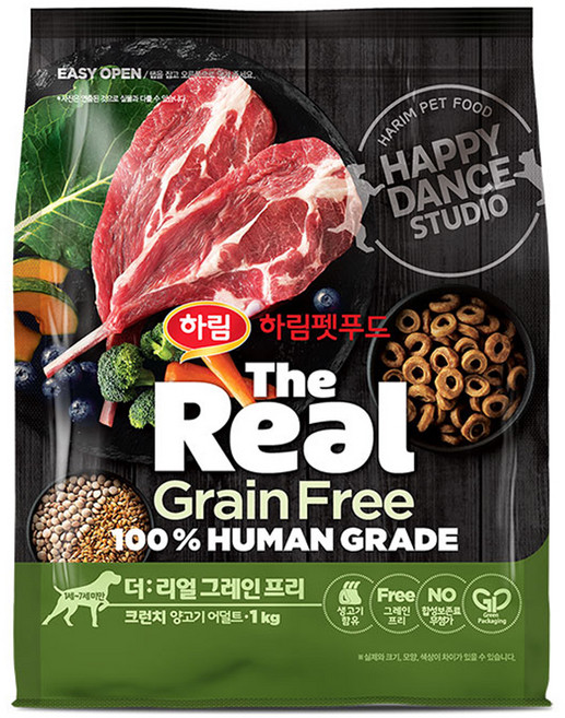 하림펫푸드 어덜트 강아지 더리얼 그레인프리 크런치 건식사료, 양, 1kg, 1개