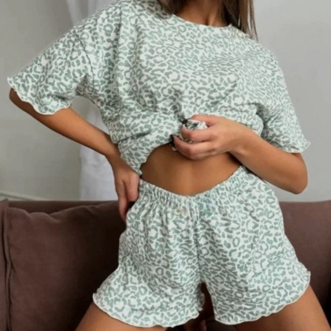 cofv 女士豹紋短袖短褲睡衣套裝