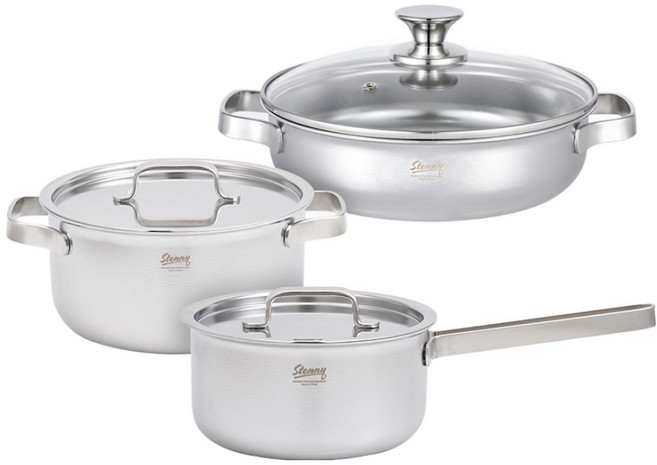 스테니 인덕션 무연마제 통5중 스테인리스 냄비세트 3개, 편수냄비 16cm + 양수냄비 20cm + 전골냄비 24cm, 1세트