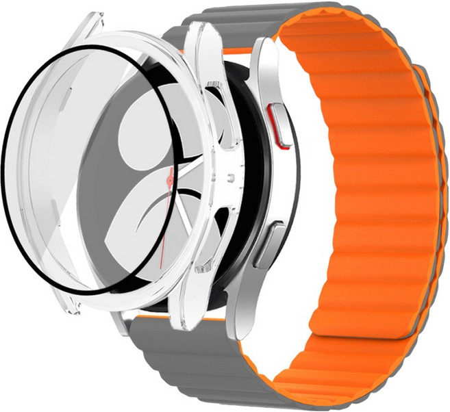 리아몬트 갤럭시워치 실리콘 마그네틱 스트랩 + 강화유리 풀커버 케이스 세트, 그레이 + 오렌지(스트랩), 1세트