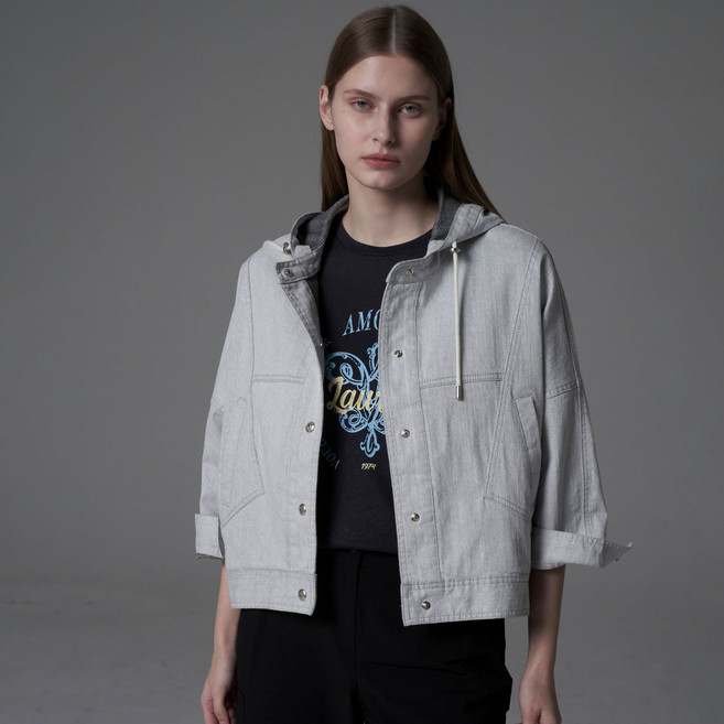 올리비아로렌 여성용 배색 패치 후드 데님 점퍼 VVBMJ5M3291