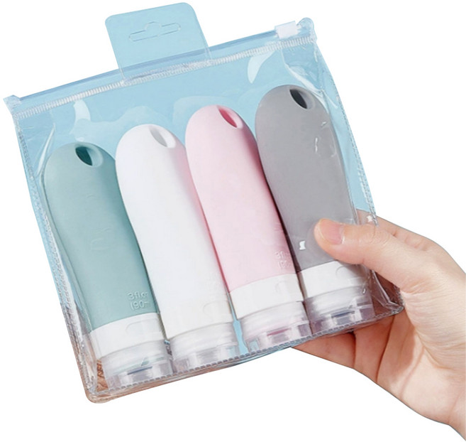 사라사 여행용 수영장 고급 실리콘 고리공병 샴푸통 90ml x 4p + 파우치 세트, 1개, 랜덤발송(공병), 투명(파우치)