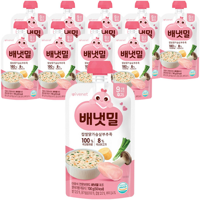 배냇밀 후기 찹쌀 닭가슴살 부추죽, 100g, 10개, 혼합맛(닭가슴살/찹쌀/부추)