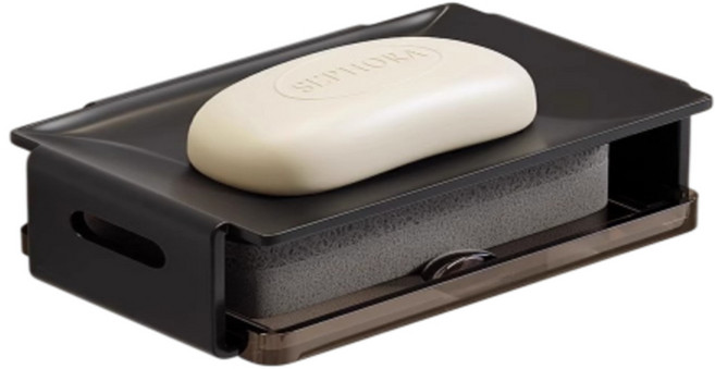 Couselect 太空鋁免打孔壁掛肥皂架 附清潔棉, 1個, 黑色