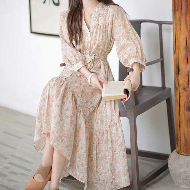 시크힐즈 에스닉 플라워 플레어 롱 원피스 00395