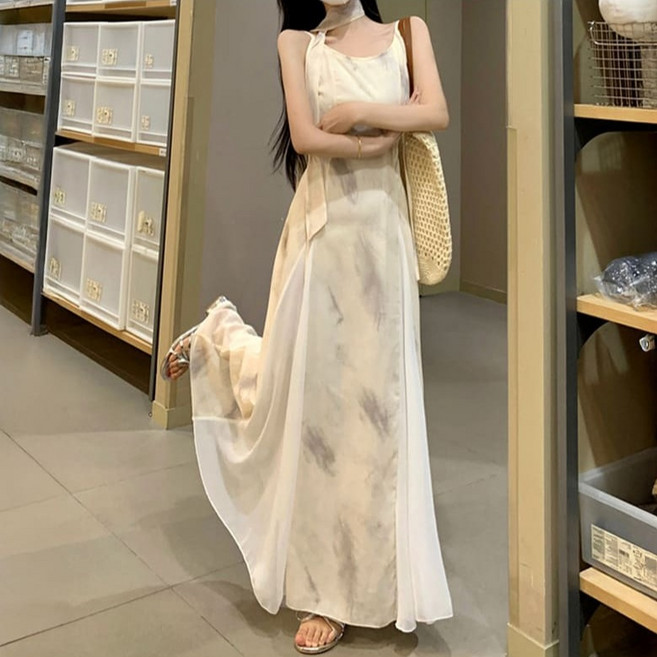 비비에모 프렌치 빈티지 수묵 프린트 A라인 나시 롱 원피스 10253