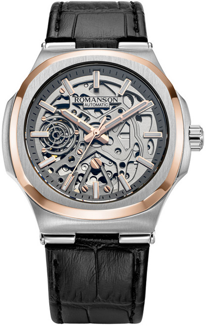 ROMANSON 男士Audier Octagonon自動鏤空棕色皮革手錶 RWTLOM5BS004CRGR0 + 購物袋