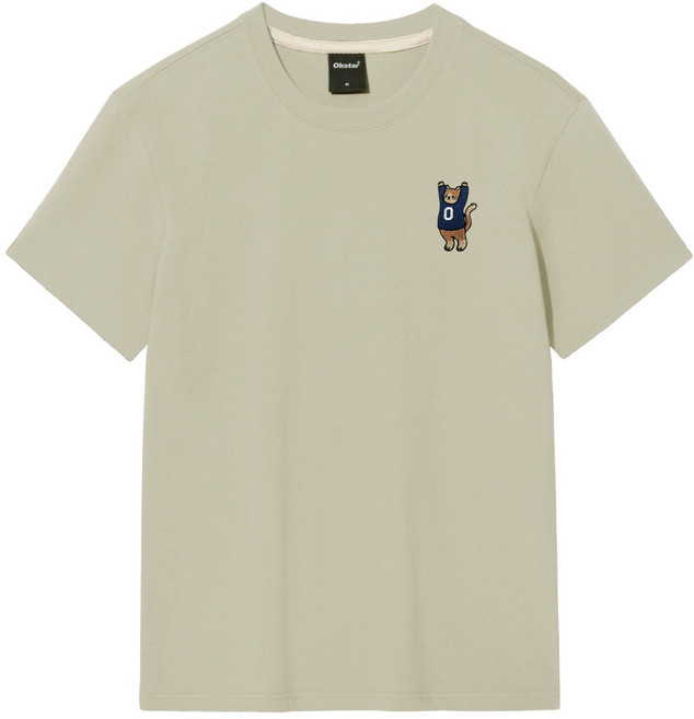 okstar 男女通用 萬歲貓刺繡 透氣 短袖T恤 4TS018, 淺米色