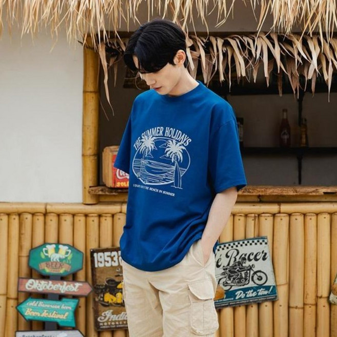 앨빈클로 남녀공용 SUMMER HOLIDAY 오버핏 반팔 티셔츠 AST4504