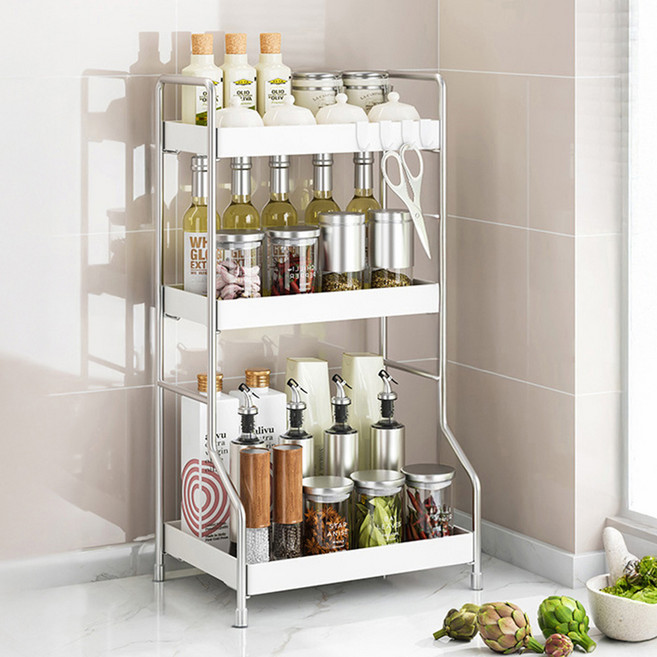21세기트랜드 홀리쿡 스텐 주방 양념통 정리 도마 수납 보관 L자형 3단 선반, 화이트, 1개