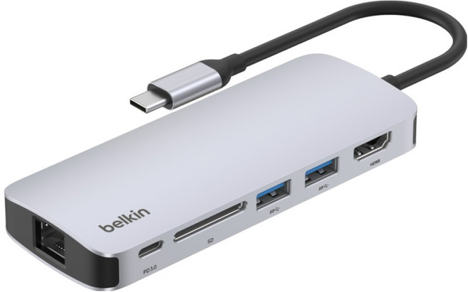 벨킨 connect USB C 6in1 멀티 포트 허브 어댑터 AVC008fqSGY V2, 실버 그레이, 1개