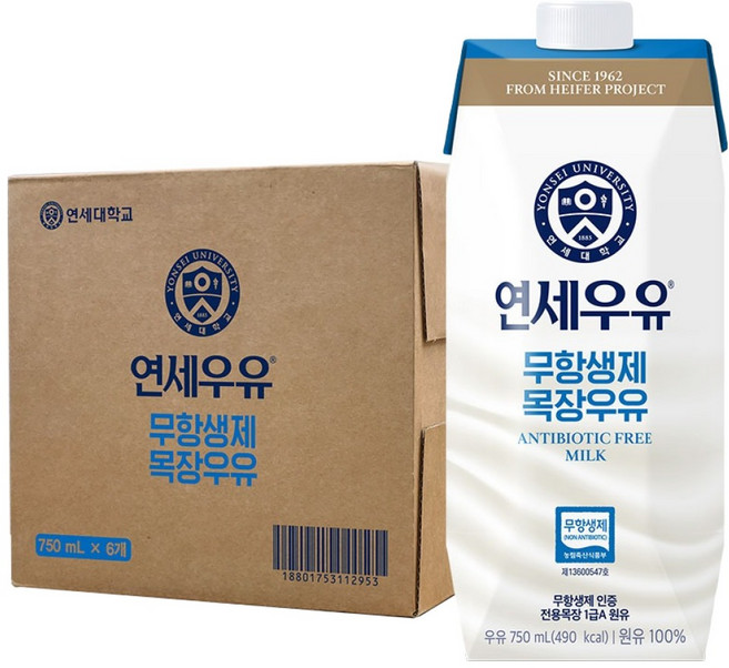연세우유 무항생제 목장우유, 6개, 750ml