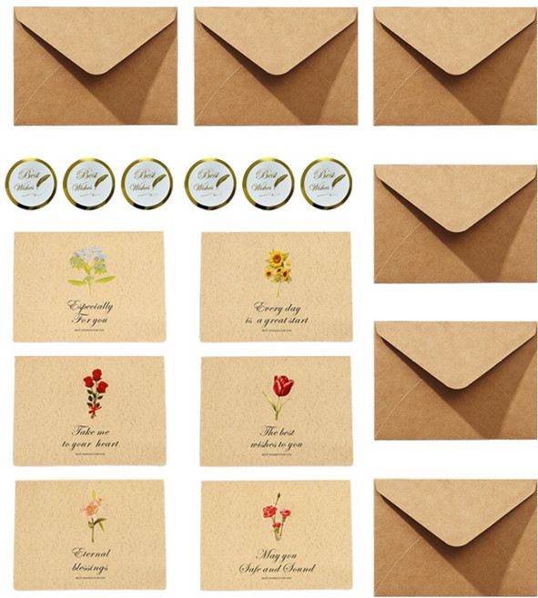 아이엔피 KP 드로잉플라워 감사메세지 카드 6종 + 봉투 6p + 마감스티커 6p 세트, 혼합색상, 1세트